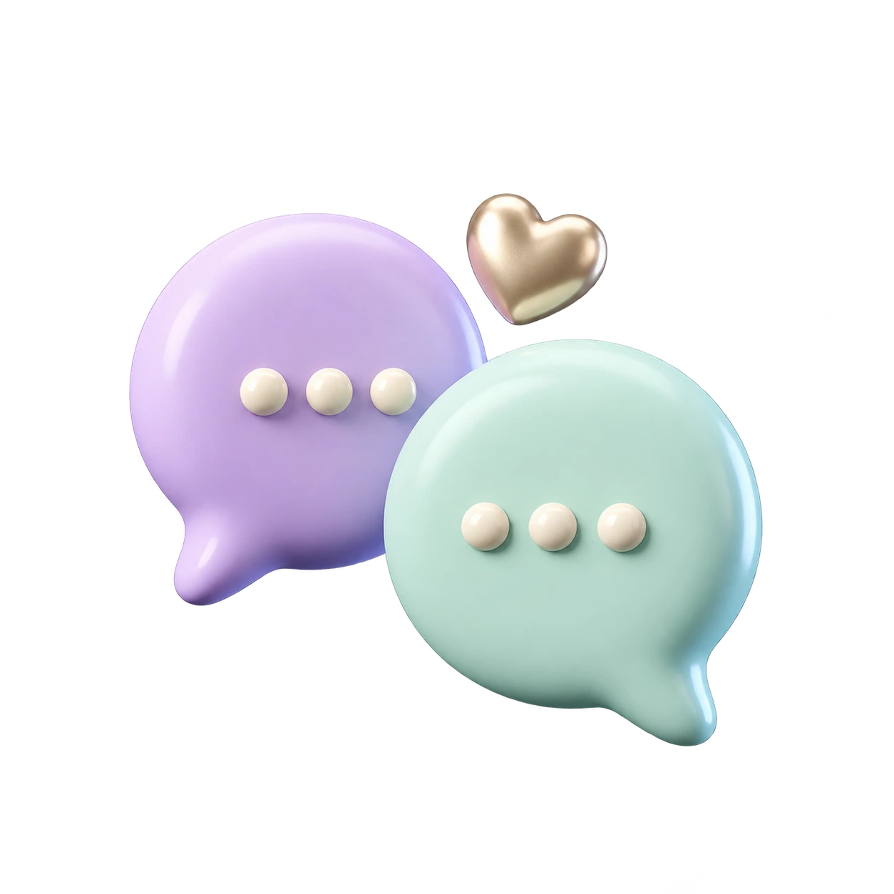 Paired mint and lilac conversation bubbles with a small gold heart.