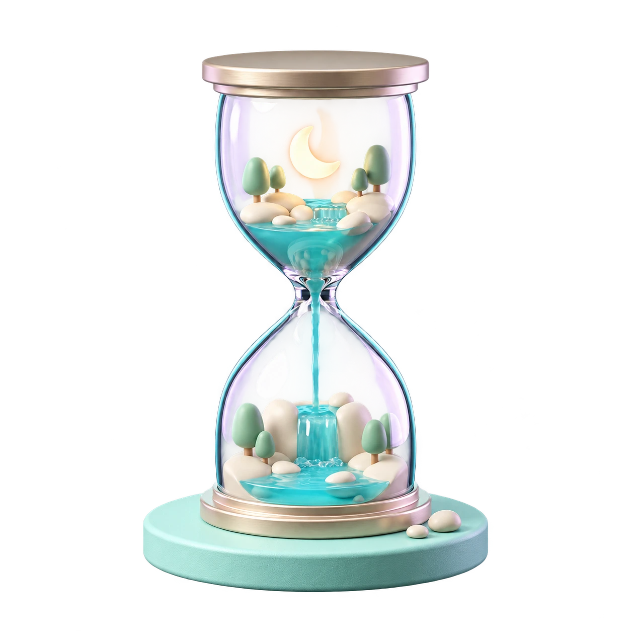 A glass hourglass holding tiny river landscapes.